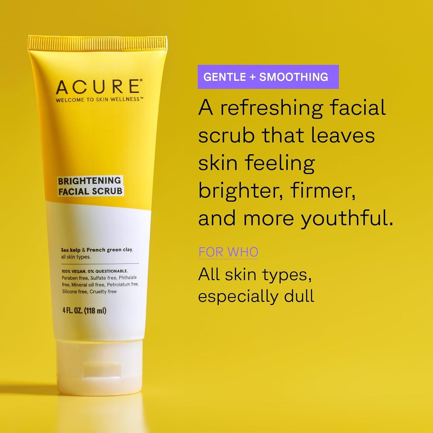 Acure Brightening Facial Scrub for a Youthful, Brighter, Radiant Complexion | with Sea Kelp & French Green Clay, 4 Fl Oz