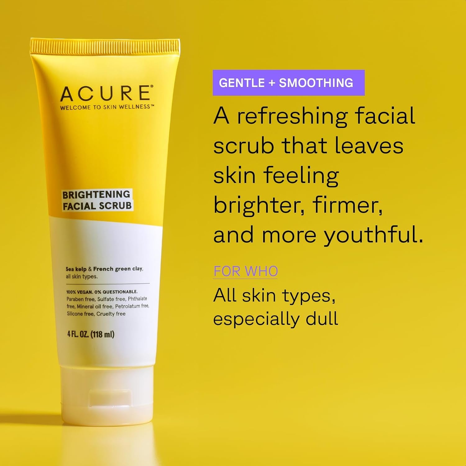 Acure Brightening Facial Scrub for a Youthful, Brighter, Radiant Complexion | with Sea Kelp & French Green Clay, 4 Fl Oz