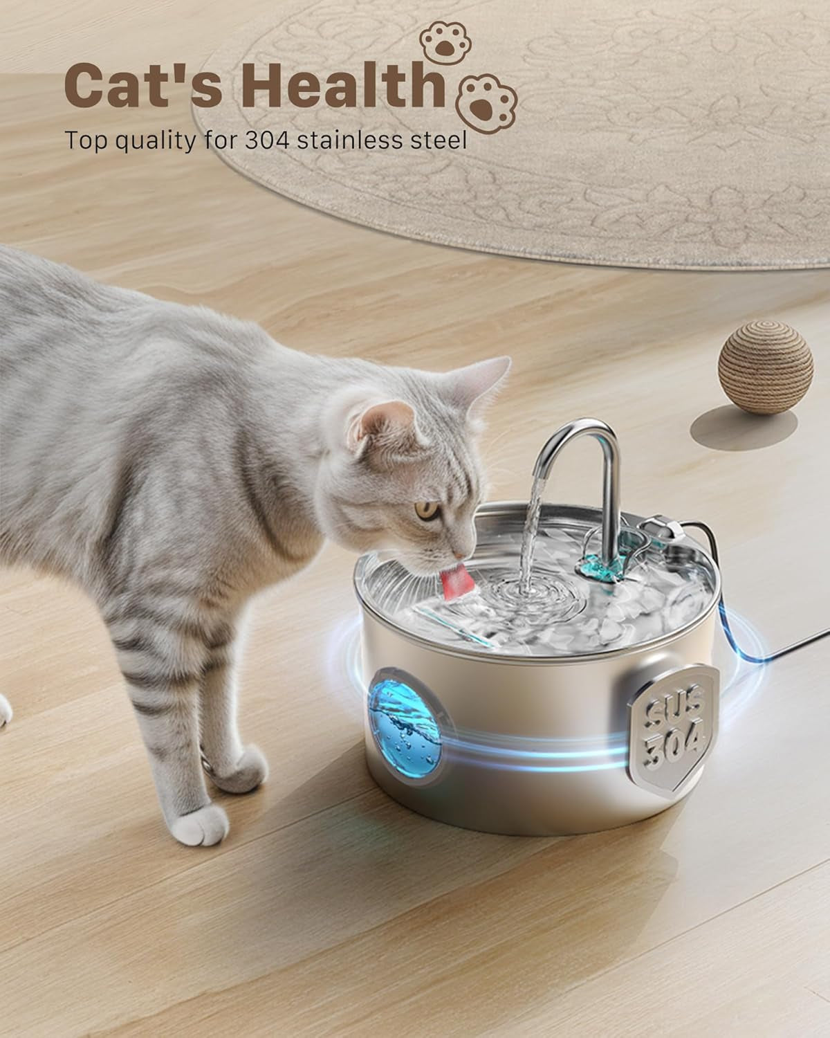 Cat Water Fountain Stainless Steel: 74Oz/2.2L Cat Fountain for Drinking - Pet Water Fountain for Cats inside - Quiet Cat Water Bowl Dispenser - Cat Drinking Fountains - for Cats&Pets& Small Animals