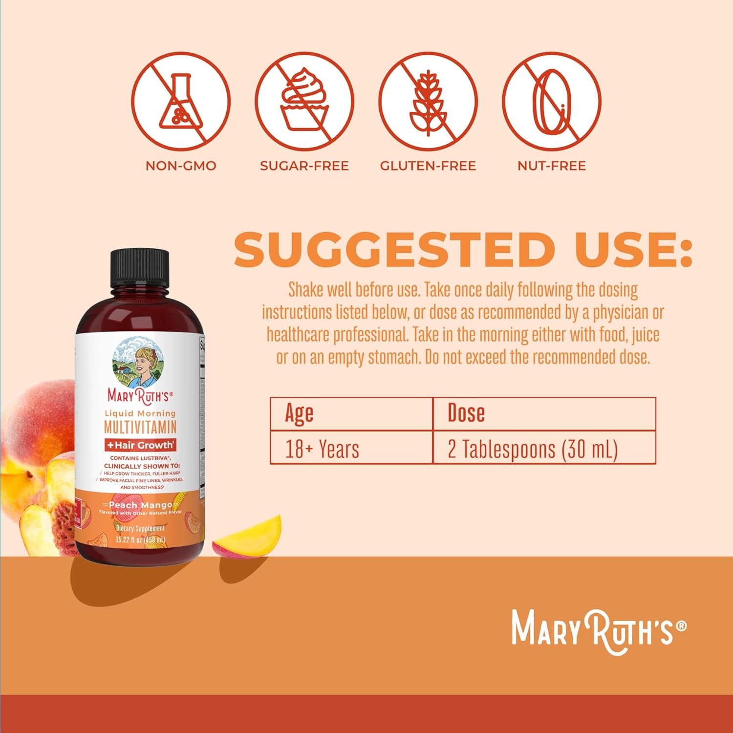 Maryruth Organics Liquid Multivitamin Lustriva® Hair Growth for Women| Biotin 10000Mcg | Vitamin D, B |Clinically Tested for Thicker Hair, Wrinkles, Fine Lines, Skin Care| Ages 18 | 15.22 Fl Oz
