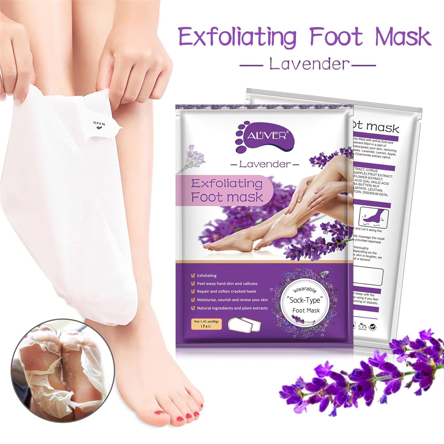 ALIVER Foot Peel Mask 3 Pack, Exfoliator Peel off Calluses Dead Skin Callus Remover, Baby Soft Smooth Touch Feet-Men Women (Lavender)