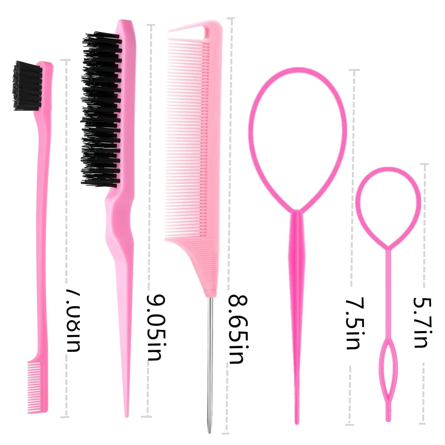 8Pcs Hair Brushes Set with 4Pcs Topsy Hair Tail Tools 1Pcs Bristle Teasing Hair Brush 1Pcs Edge Control Brush 2Pcs Metal Pin Rat Tail Combs for Woman Girl Hair Styling,Edge&Back Brushing Pink