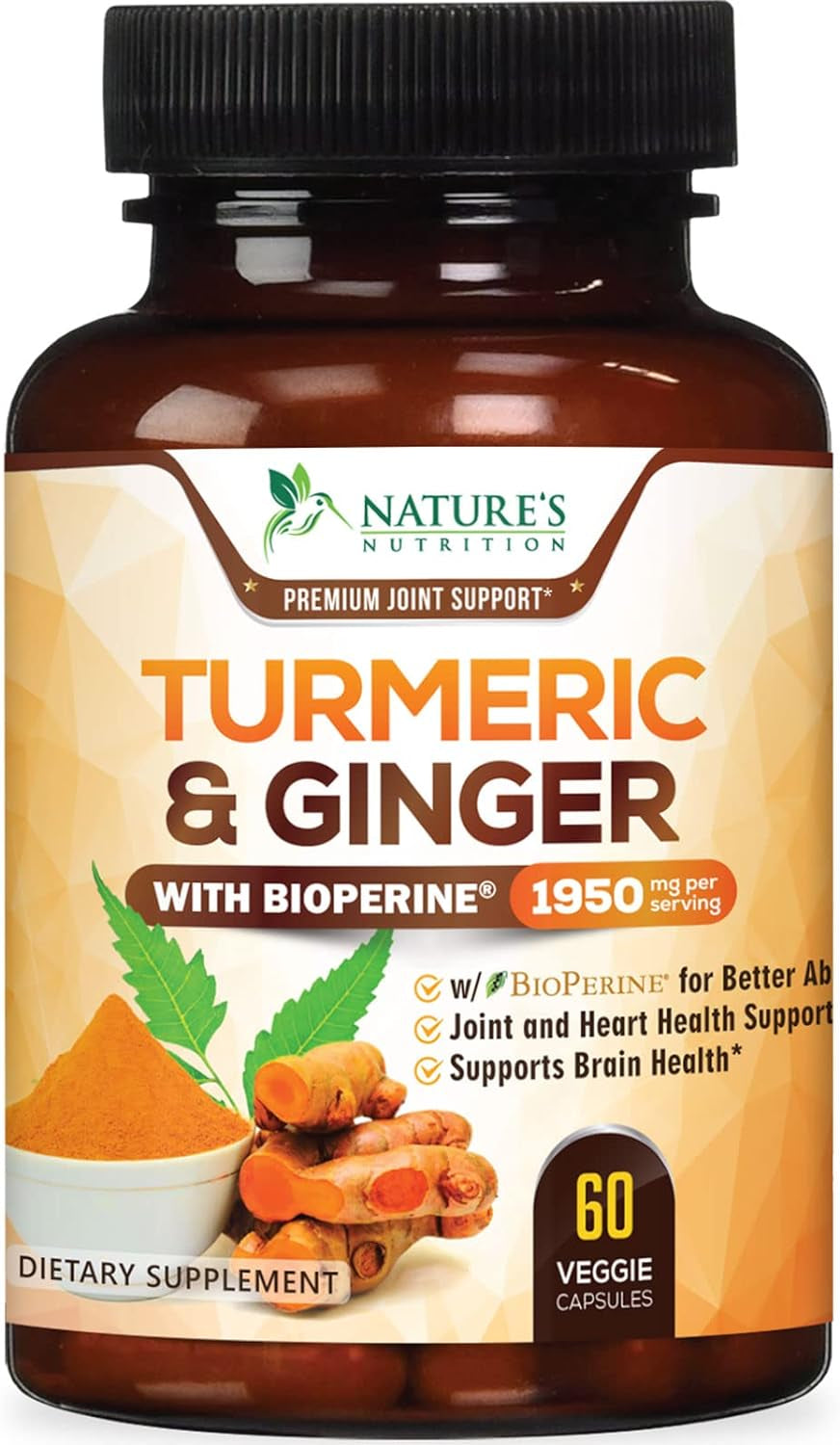 Turmeric Curcumin Supplement 1950Mg with Organic Turmeric & Ginger, 95% Curcuminoids, Bioperine Black Pepper for Best Absorption, Nature'S Vegan Joint Support, Non-Gmo, Bottled in USA - 240 Capsules