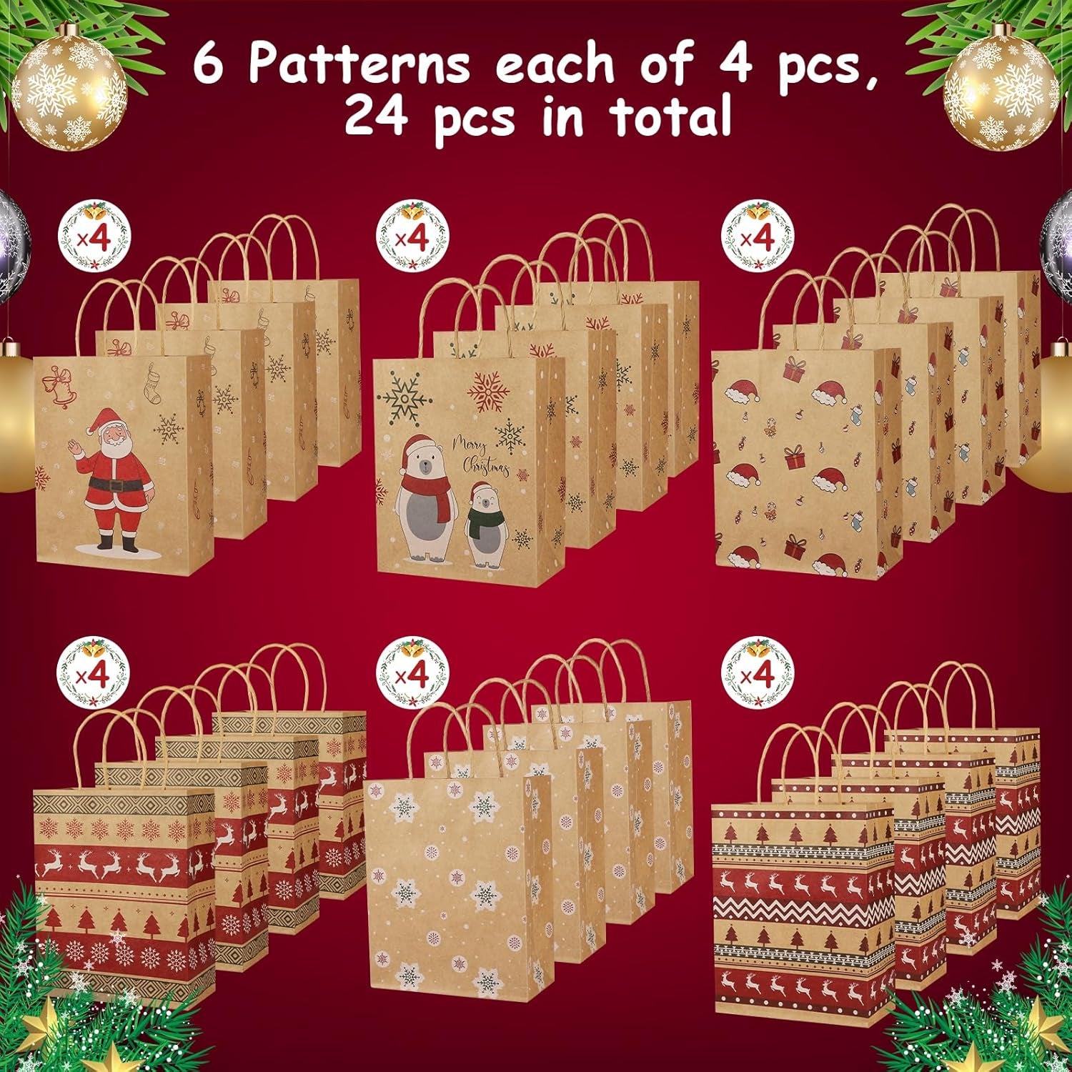 Christmas Gift Bags, 24 PCS Reusable Christmas Treat Bags, Paper Gift Bags with Handles & Christmas Prints, Christmas Bags for Gifts Holiday Gift Bags Xmas Gift Bags Party Favors, 7.08X3.5X8.85 Inch