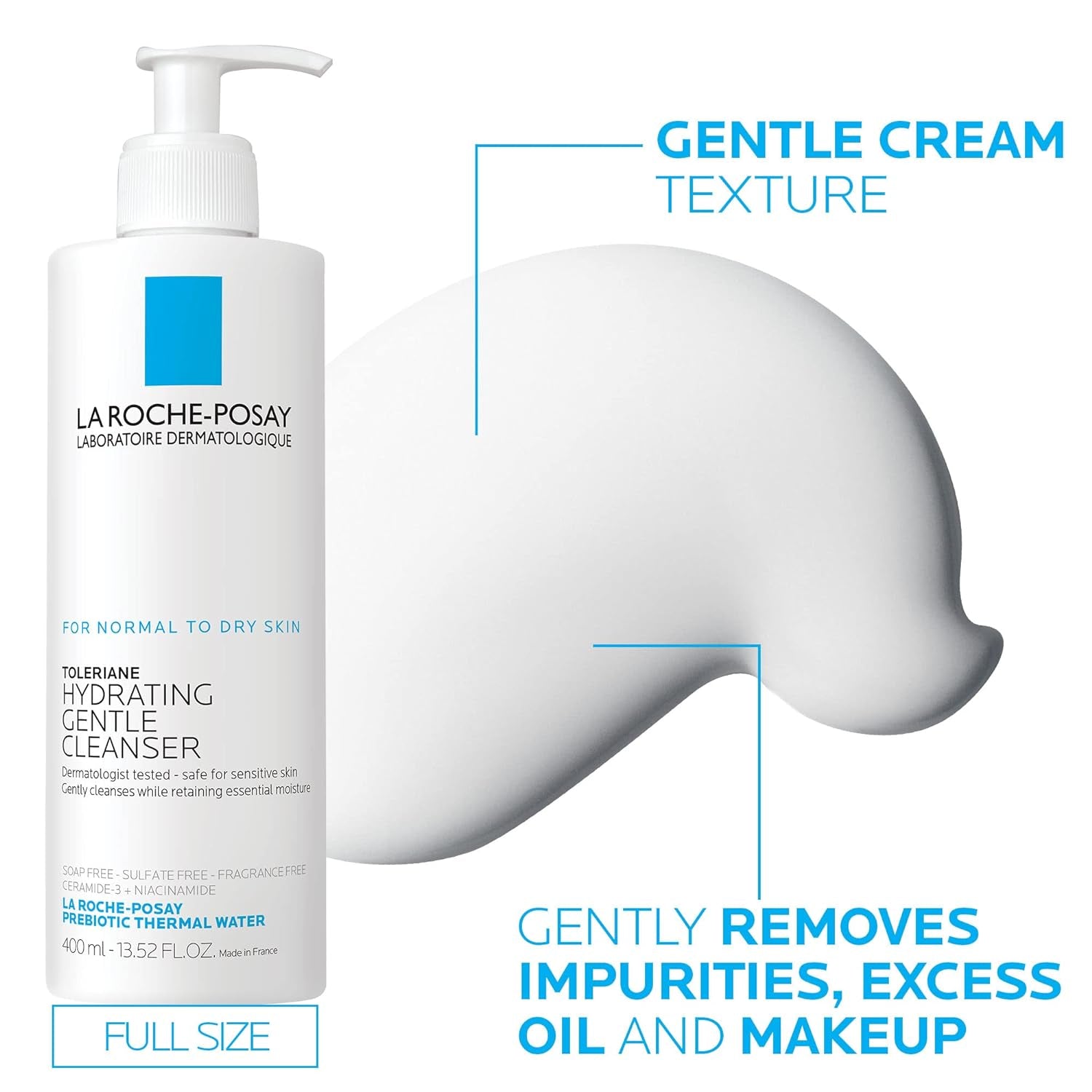 La Roche-Posay Toleriane Hydrating Gentle Face Cleanser | Hydrating Facial Cleanser with Niacinamide + Ceramides | Daily Face Wash for Dry Skin to Normal Skin | Sensitive Skin Tested | Fragrance Free