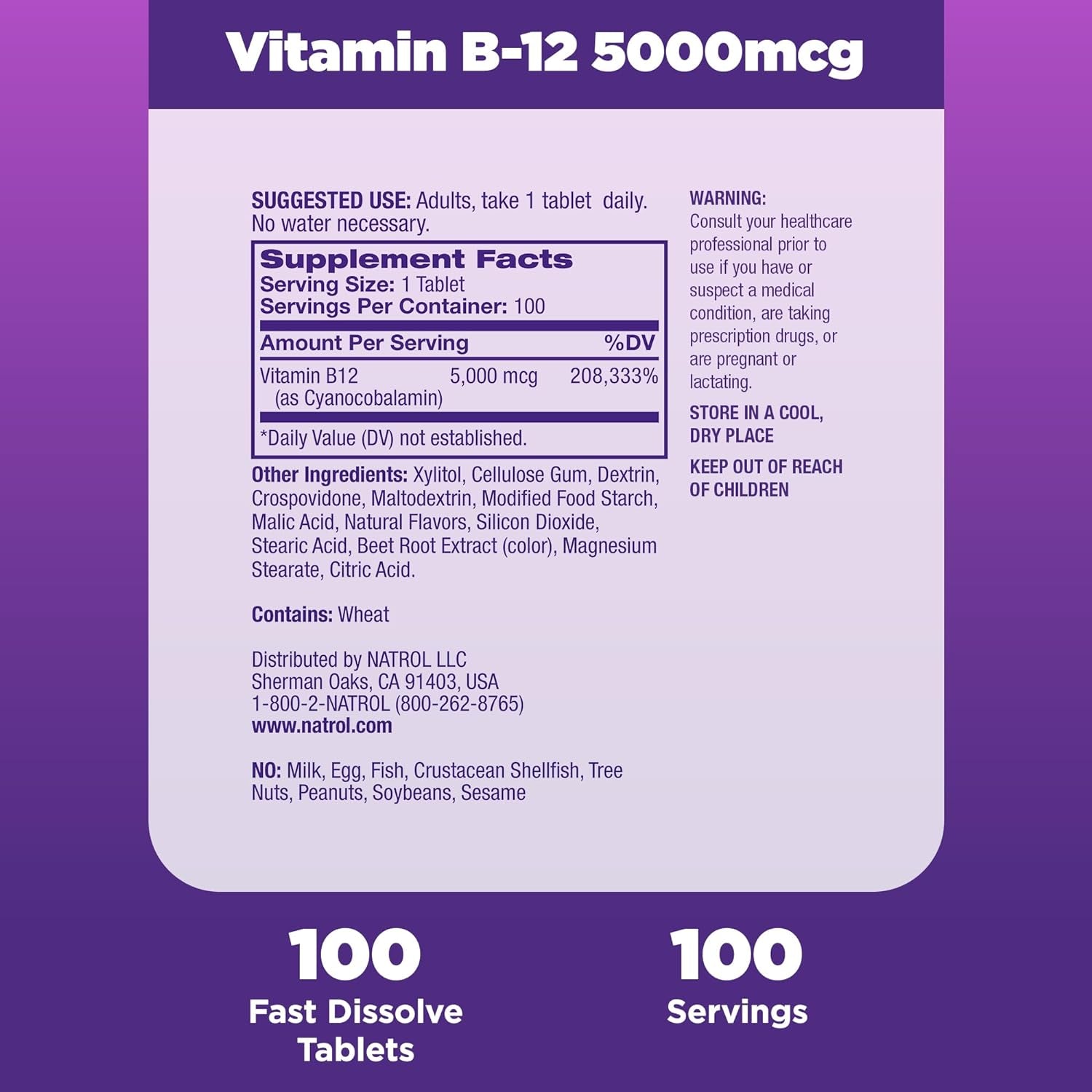 Natrol Vitamin B12 Fast Dissolve Tablets, Promotes Energy, Supports a Healthy Nervous System, Maximum Strength, Strawberry Flavor, 5,000Mcg, 100 Count