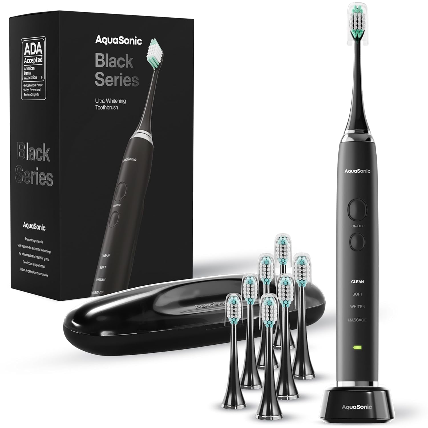 Aquasonic Black Series Ultra Whitening Toothbrush – ADA Accepted Electric Toothbrush- 8 Brush Heads & Travel Case – 40,000 VPM Electric Motor & Wireless Charging - 4 Modes W Smart Timer