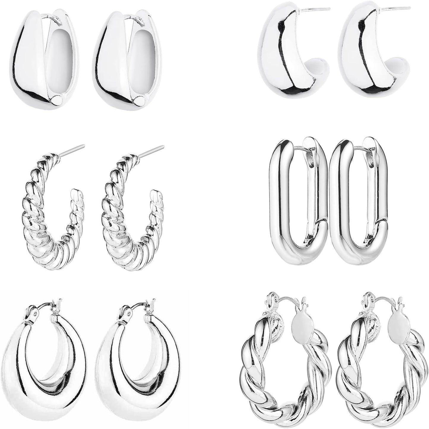 6 Pairs 14K Gold Hoop Earrings for Women Lightweight Chunky Hoop Earrings Multipack Hypoallergenic, Thick Open Twisted Huggie Hoops Earring Set Jewelry for Gifts.