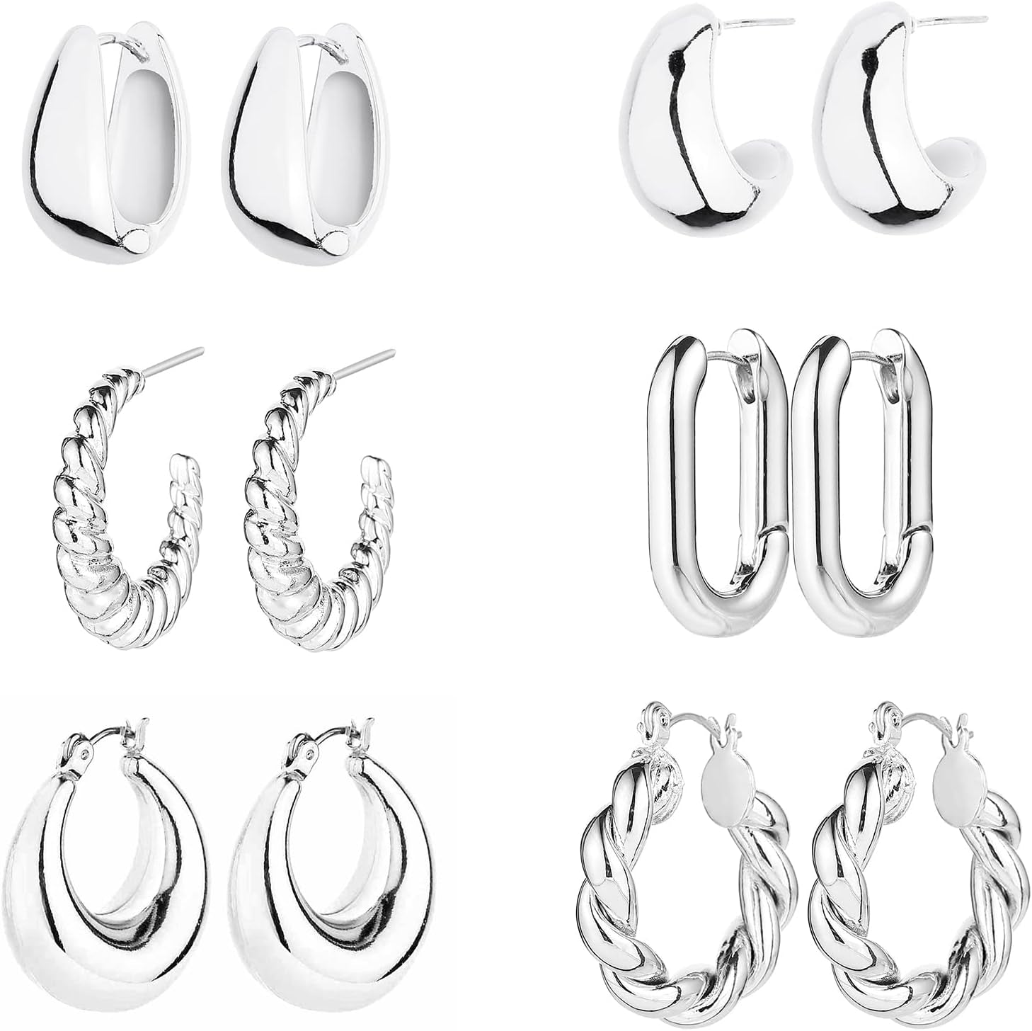 6 Pairs 14K Gold Hoop Earrings for Women Lightweight Chunky Hoop Earrings Multipack Hypoallergenic, Thick Open Twisted Huggie Hoops Earring Set Jewelry for Gifts.