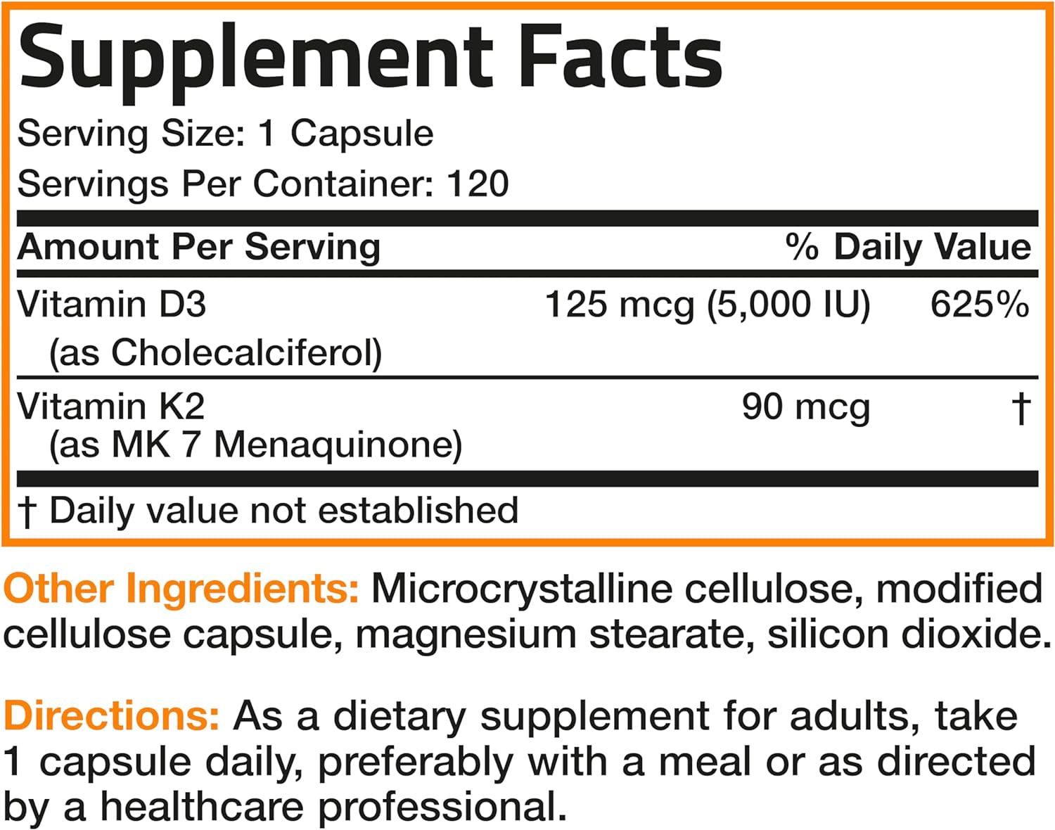 Bronson Vitamin K2 (MK7) with D3 Supplement Non-Gmo Formula 5000 IU Vitamin D3 & 90 Mcg Vitamin K2 MK-7 Easy to Swallow Vitamin D & K Complex, 120 Capsules.