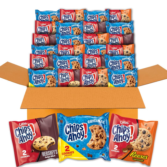 CHIPS AHOY! Cookies Variety Pack, Original Chocolate Chip, Chewy Chocolate Chip with Reese'S Peanut Butter Cups & Chewy Hershey'S Fudge Filled Soft Cookies, 50 Snack Packs (2 Cookies per Pack)