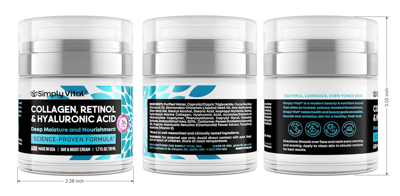 Simplyvital Collagen, Retinol & Hyaluronic Acid Cream - Anti-Aging Face Moisturizer for Face, Neck & Décolleté - Made in USA, Daily Moisturizer Face Cream - 1.7 Fl.Oz.