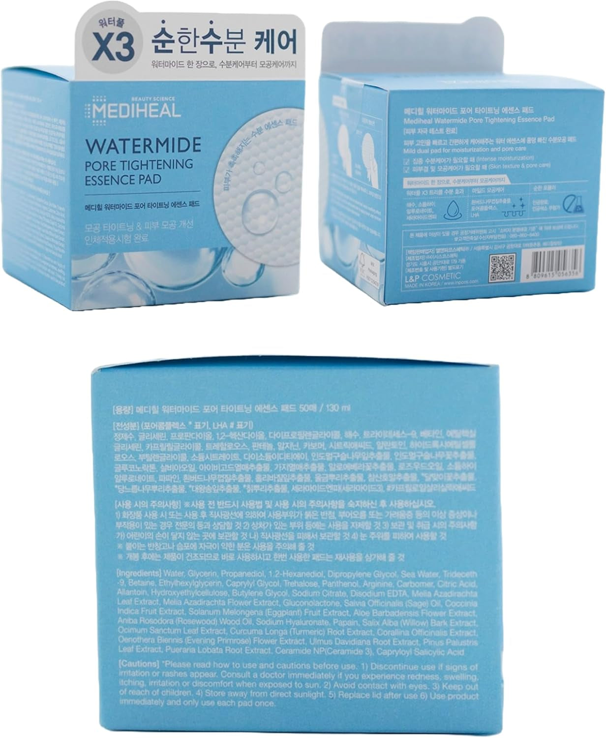 Mediheal Watermide Pore Tightening Essence Toner Pad - Pore Minimizing, Hydrating, and Exfoliating Pads, Cotton Pads Enriched with Sea Water and Ceramide for Nourishment and Hydration, 50 Sheets