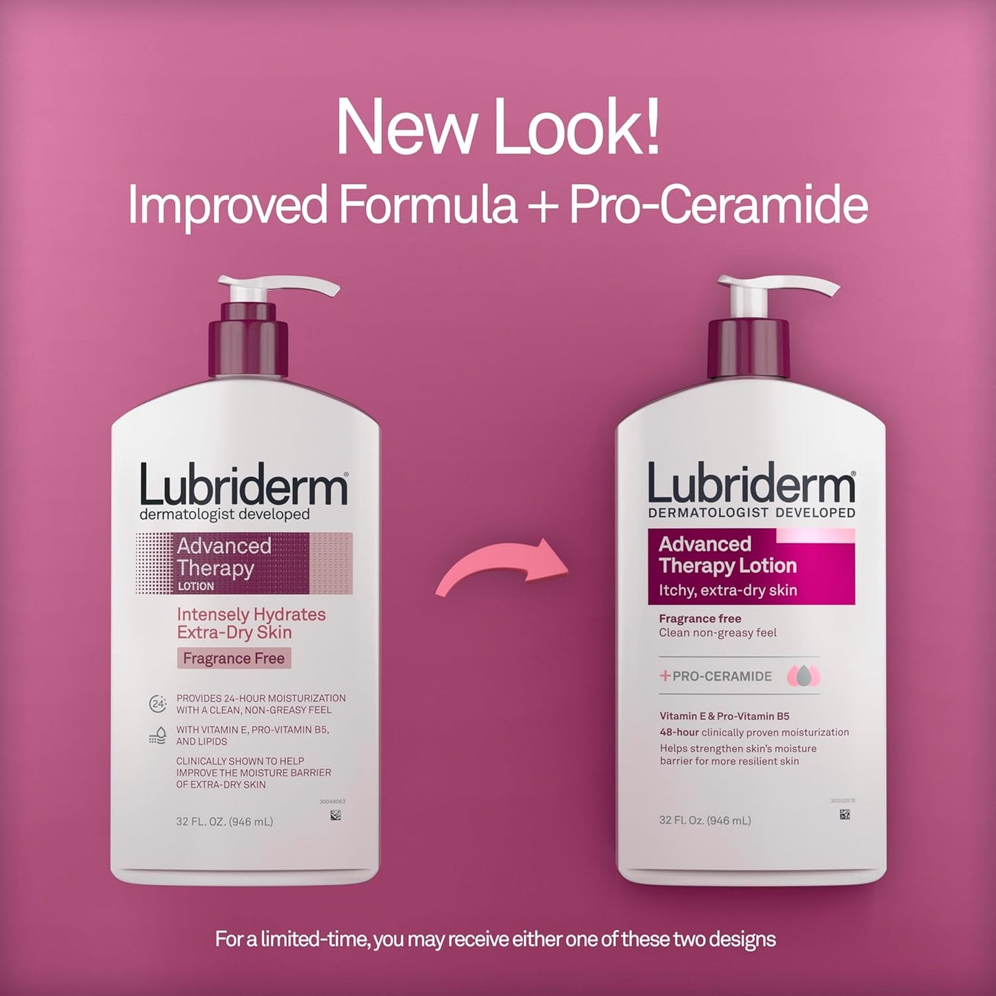 Lubriderm Advanced Therapy Moisturizing Hand and Body Lotion + Pro-Ceramide with Vitamin E and Pro-Vitamin B5, Non-Greasy, Fragrance-Free, Intense Hydration for Itchy, Extra Dry Skin, 32 FL OZ