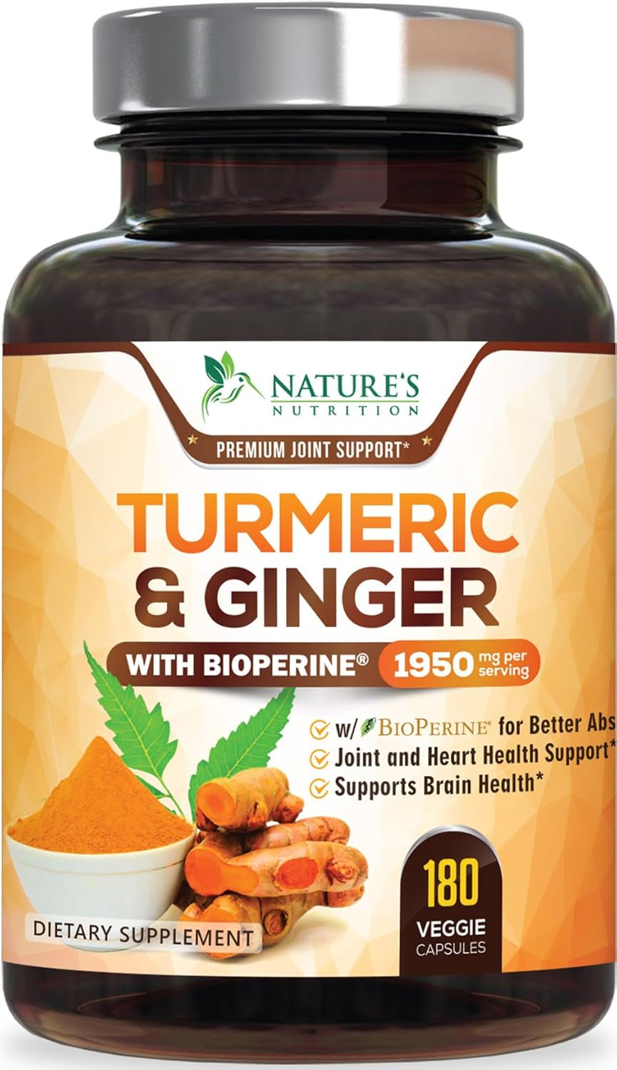 Turmeric Curcumin Supplement 1950Mg with Organic Turmeric & Ginger, 95% Curcuminoids, Bioperine Black Pepper for Best Absorption, Nature'S Vegan Joint Support, Non-Gmo, Bottled in USA - 240 Capsules