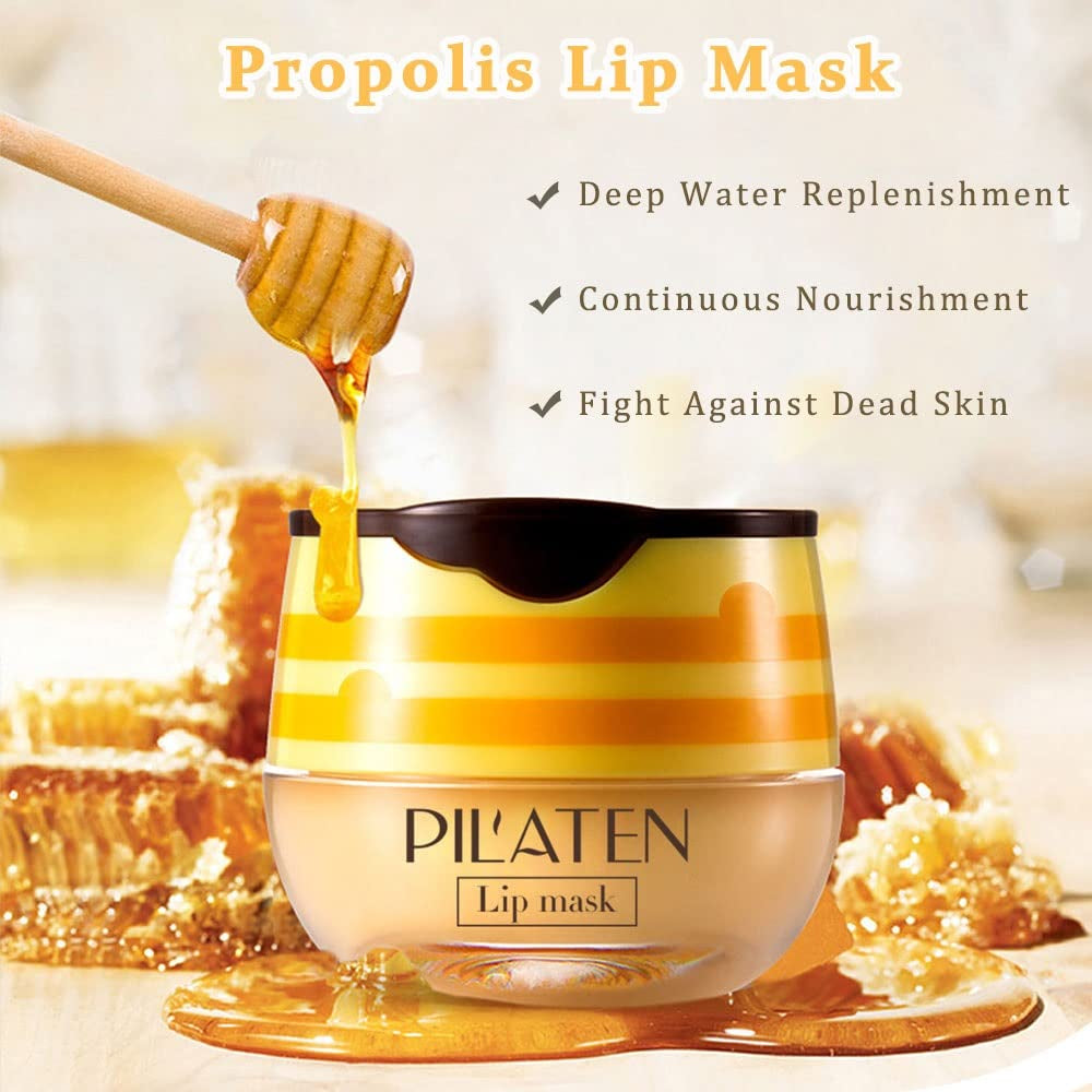 Lip Plumper Lip Mask Set, Bee Balm Lip Balm Honey Pot, Lip Plumper Gloss Lip Injection Honey Moisturizing Lip Sleeping Mask, Hydrating & Prevention Dry and Cracked Lip Scrubs Exfoliator