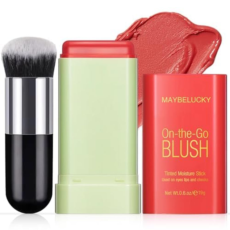 Cream Blush Stick for Cheeks, Multi-Use Makeup Blush Stick for Eyes Lips Face, Travel-Friendly Tinted Solid Moisturizer Matte Blush, Natural Glow Blendable Smooth Blusher with Brush-Hot Red