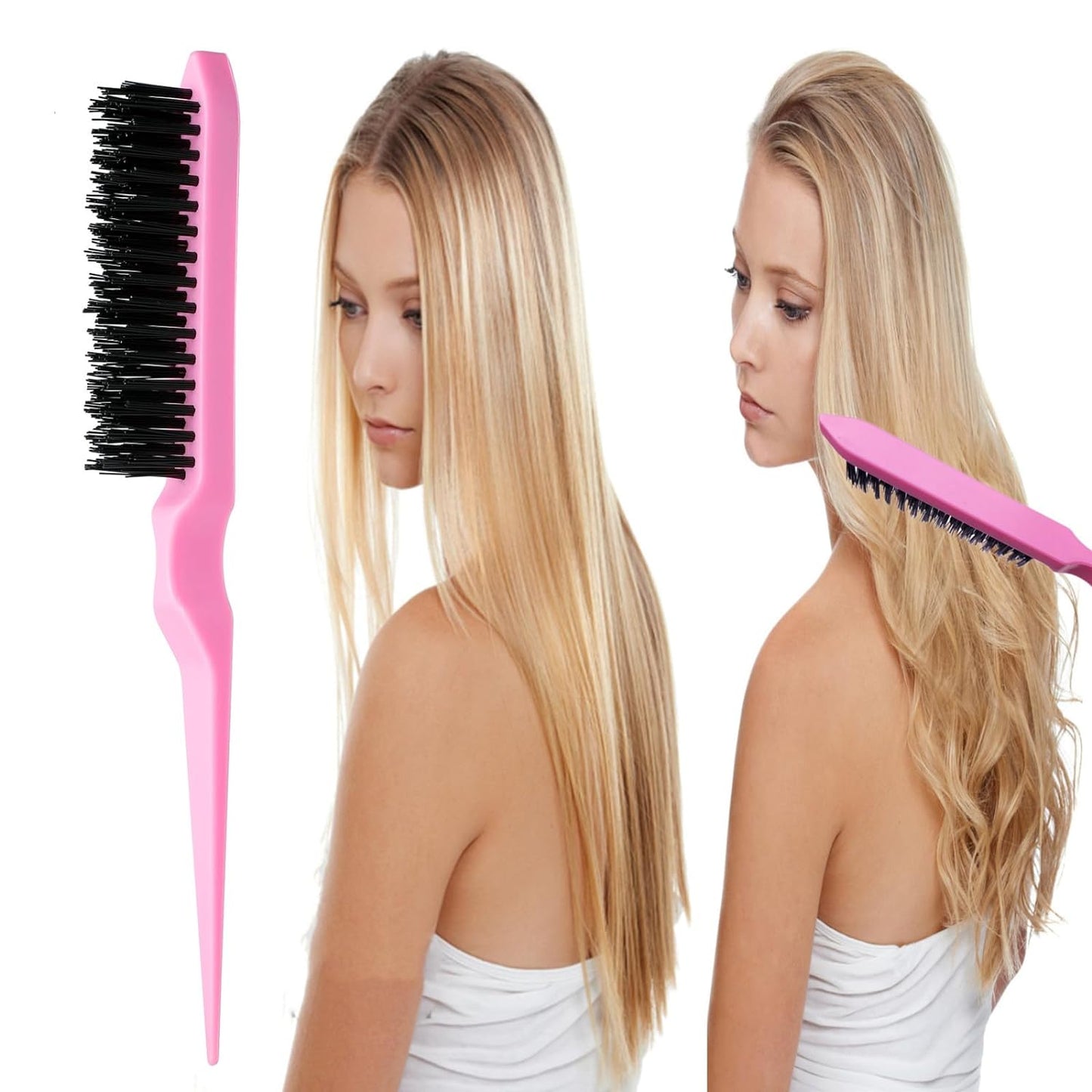 8Pcs Hair Brushes Set with 4Pcs Topsy Hair Tail Tools 1Pcs Bristle Teasing Hair Brush 1Pcs Edge Control Brush 2Pcs Metal Pin Rat Tail Combs for Woman Girl Hair Styling,Edge&Back Brushing Pink