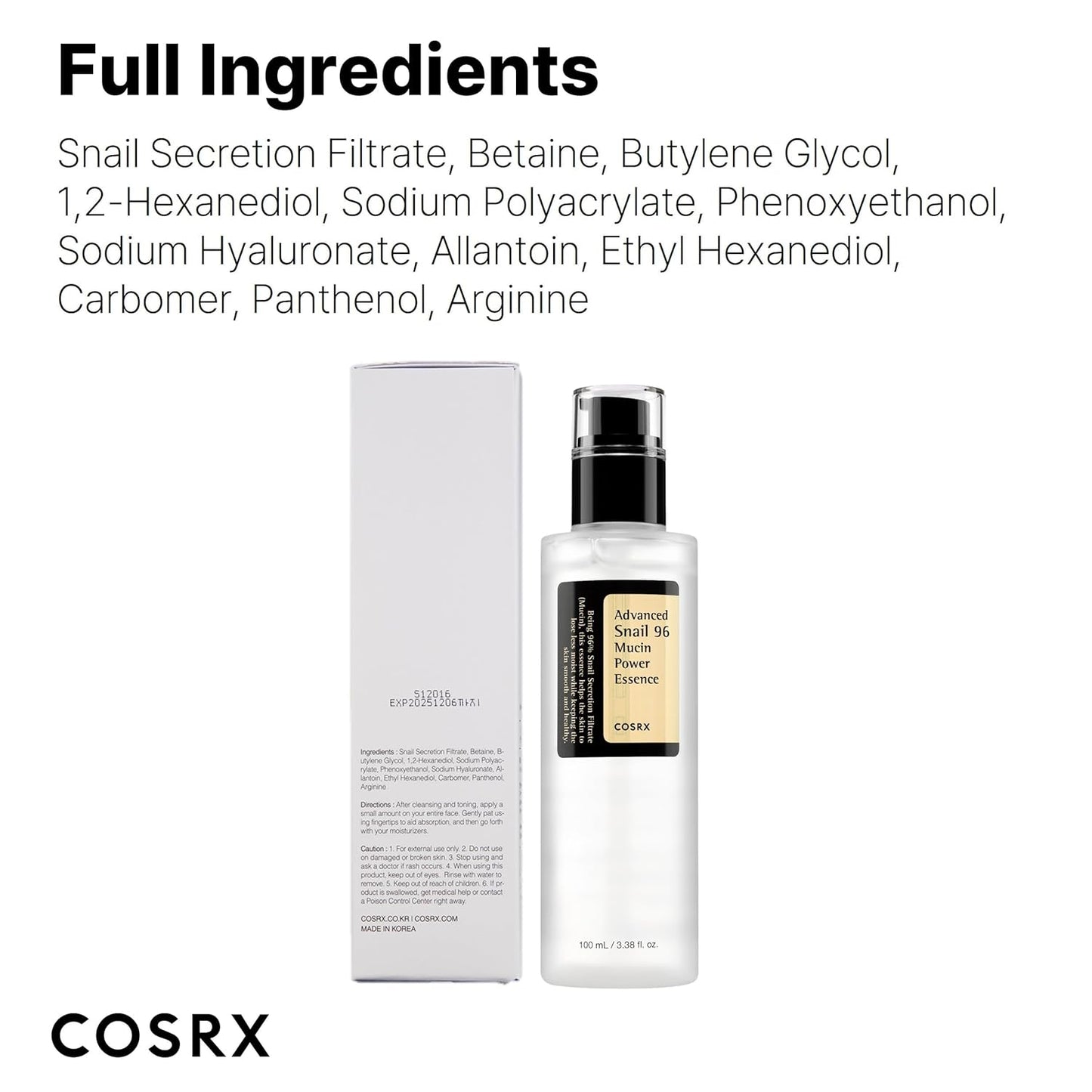 COSRX Snail Mucin 96% Power Face Serum 3.38 Fl Oz 100Ml, Hydrating Serum for Face, Self Care, Glow Skin under Makeup, Korean Skin Care, Korean Beauty