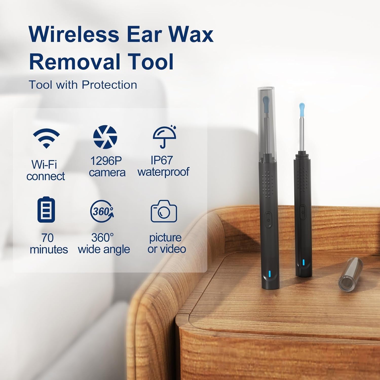 Ear Wax Removal, Ear Cleaner with Camera with 1296P, Earwax Removal Kit with 9 Ear Pick and 8 Traditional Tools, Built-In Wifi IP67 Waterproof, Ear Cleaning Kit for Iphone,Ipad,Android (Black)