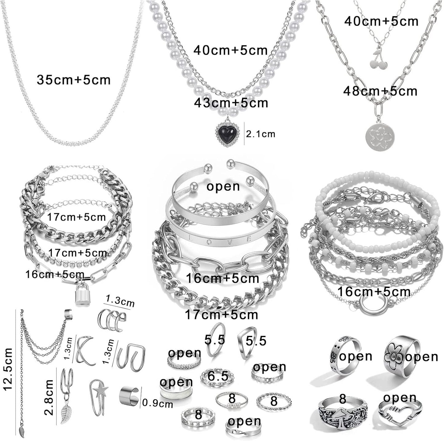 IFKM 36 PCS Silver Plated Jewelry Set with 3 PCS Necklace, 12 PCS Bracelet, 7 PCS Ear Cuffs Earring, 14 Pcs Knuckle Rings for Women Girls Valentine Anniversary Birthday Friendship Gift