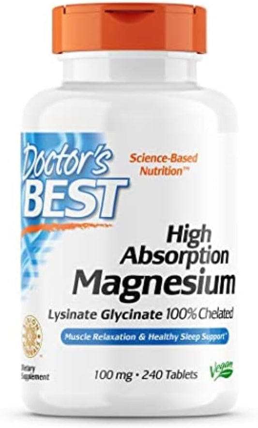 Doctor'S Best High Absorption Magnesium Glycinate Lysinate, 100% Chelated, Non-Gmo, Vegan, Gluten & Soy Free, 200 Mg, 240 Count