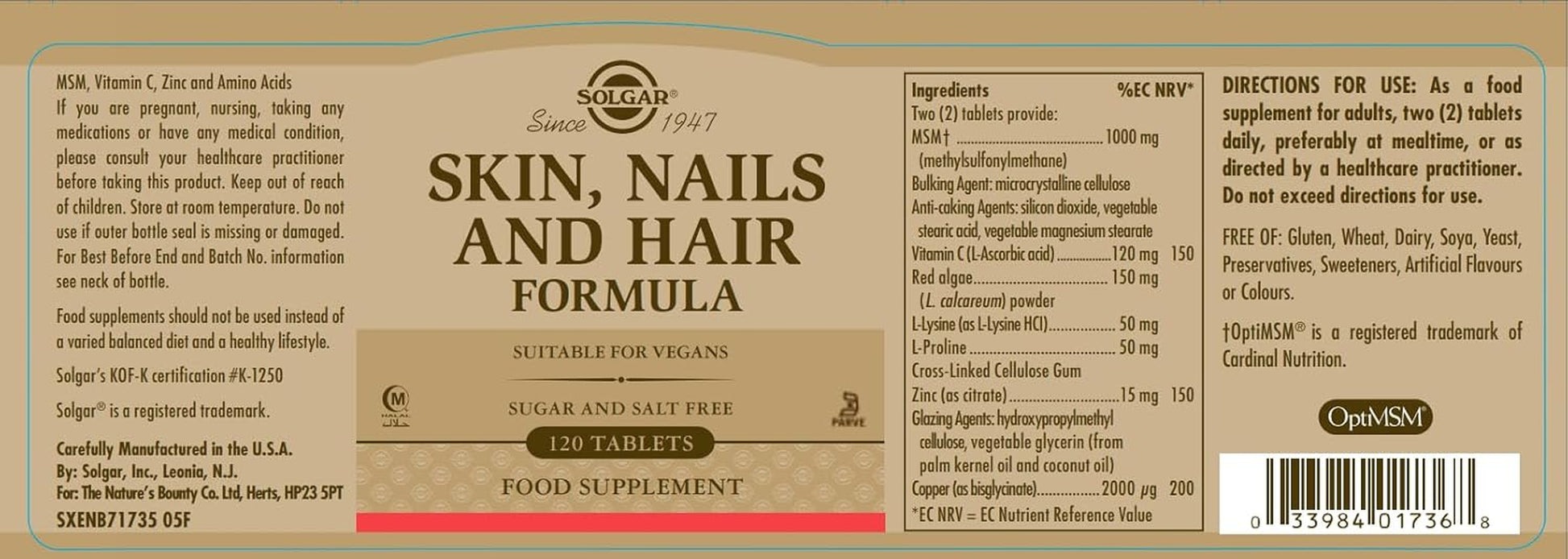 Solgar Skin, Nails & Hair, Advanced MSM Formula, 120 Tablets - Supports Collagen for Hair, Nail and Skin Health - Provides Zinc, Vitamin C & Copper - Non GMO, Vegan, Gluten & Dairy Free - 60 Servings