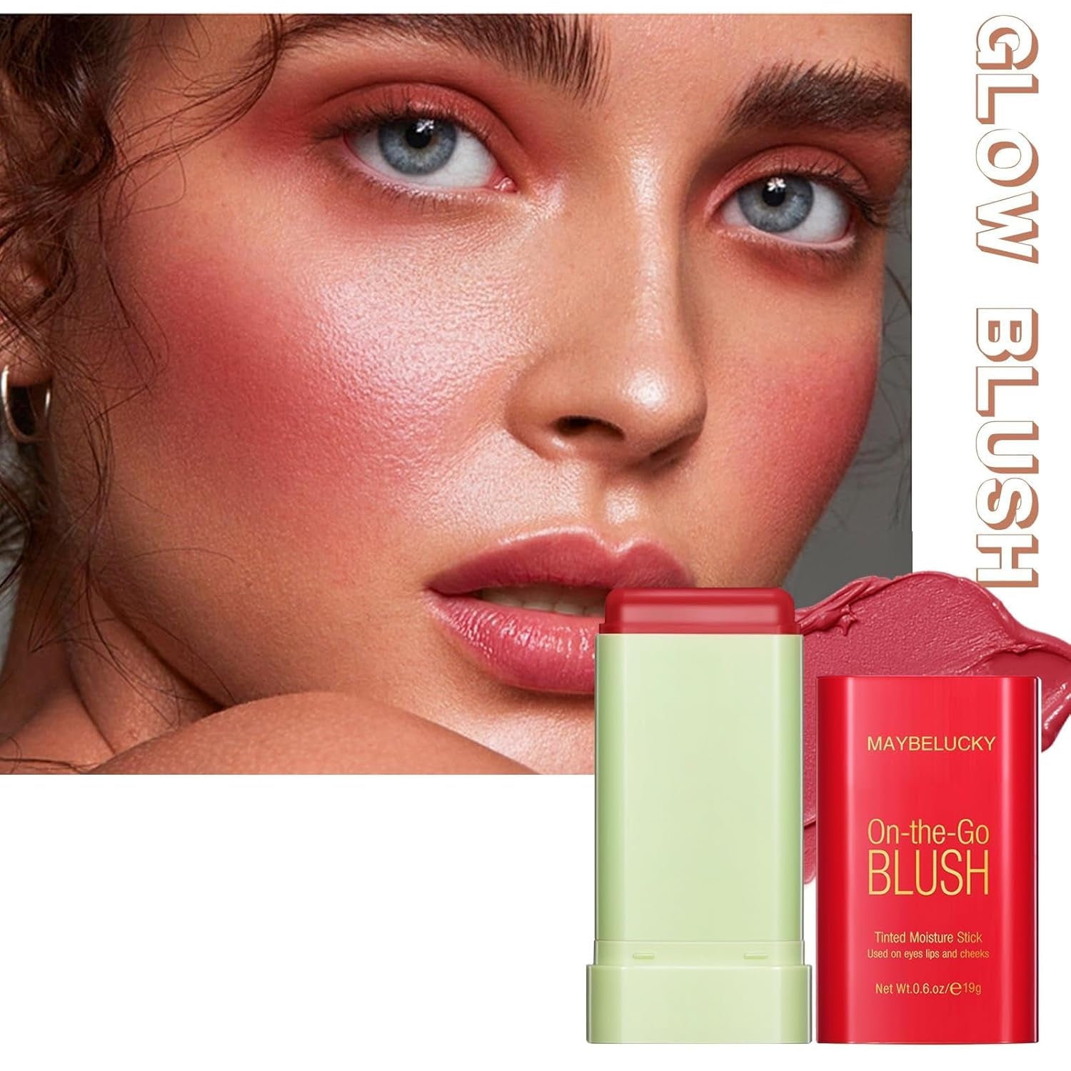 Cream Blush Stick for Cheeks, Multi-Use Makeup Blush Stick for Eyes Lips Face, Travel-Friendly Tinted Solid Moisturizer Matte Blush, Natural Glow Blendable Smooth Blusher with Brush-Hot Red