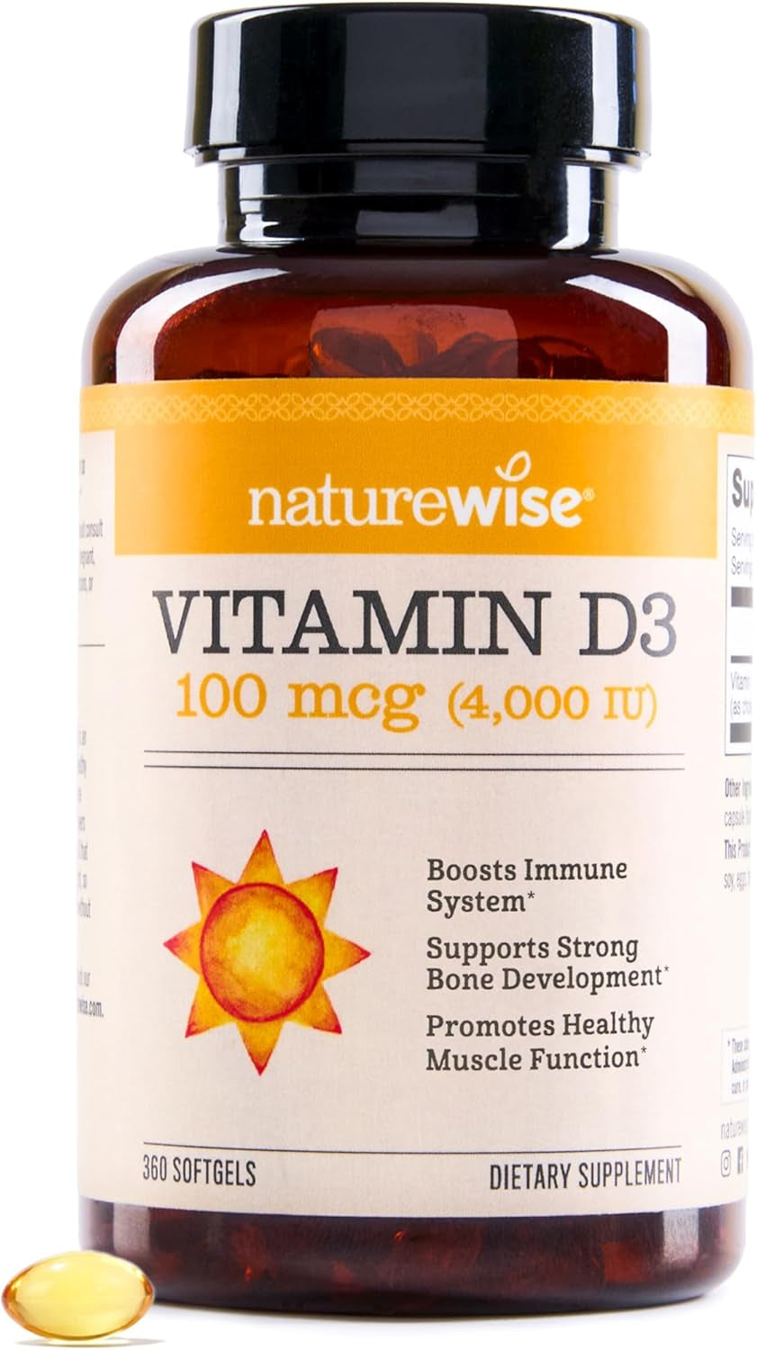 Naturewise Vitamin D3 5000Iu (125 Mcg) 1 Year Supply for Healthy Muscle Function, and Immune Support, Non-Gmo, Gluten Free in Cold-Pressed Olive Oil, Packaging Vary ( Mini Softgel), 360 Count