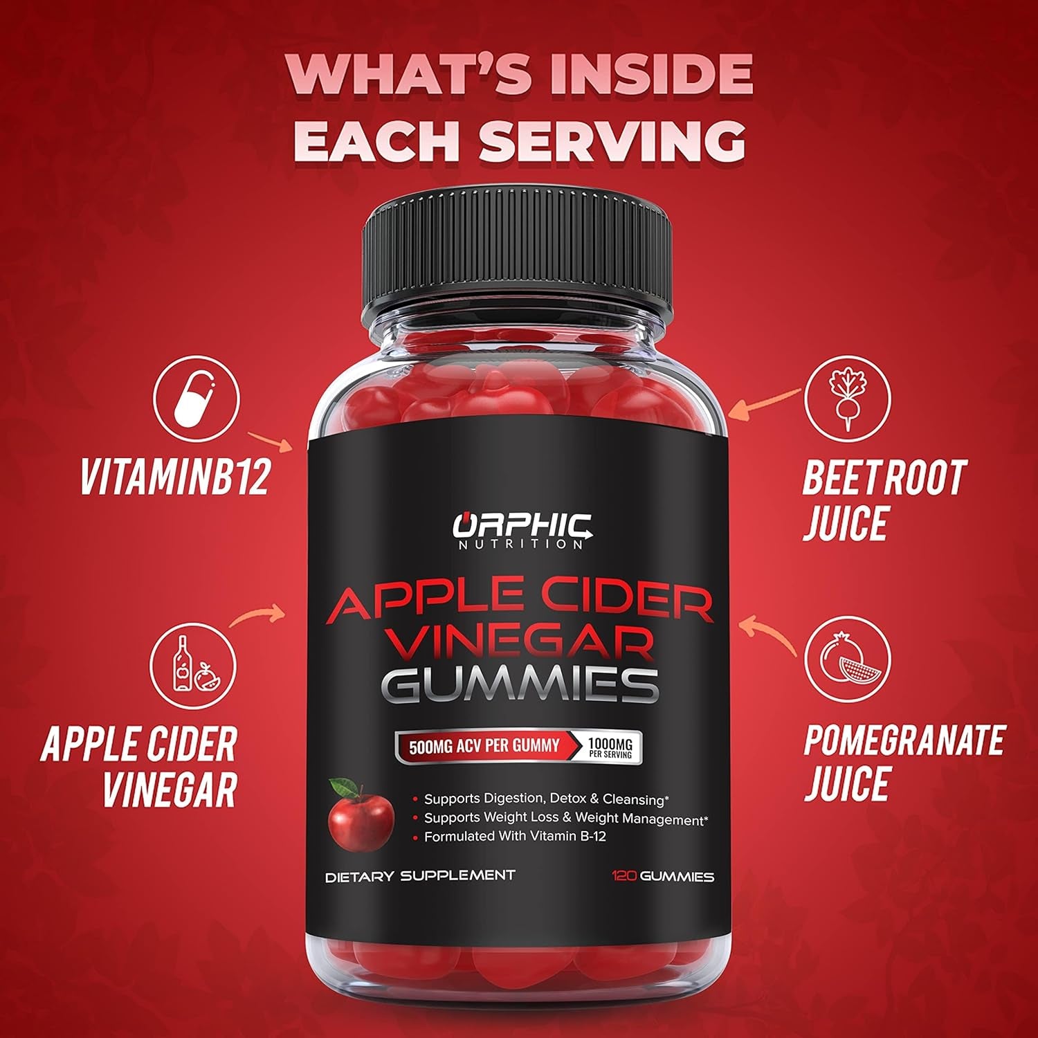 Apple Cider Vinegar Gummies - 1000Mg - Formulated to Support Normal Energy Levels & Gut Health - Supports Digestion, Detox & Cleansing - ACV Gummies W/VIT B12, Beetroot (60 Gummies)