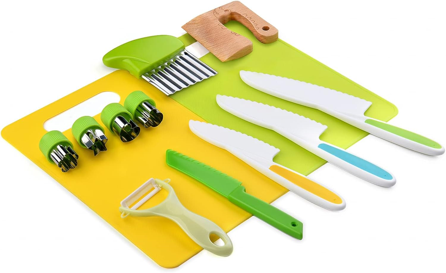 13 Pieces Montessori Kitchen Tools for Toddlers-Kids Cooking Sets Real-Toddler Toys Set for Real Cooking with Plastic Children Safe Knives Crinkle Cutter Kids Cutting Board