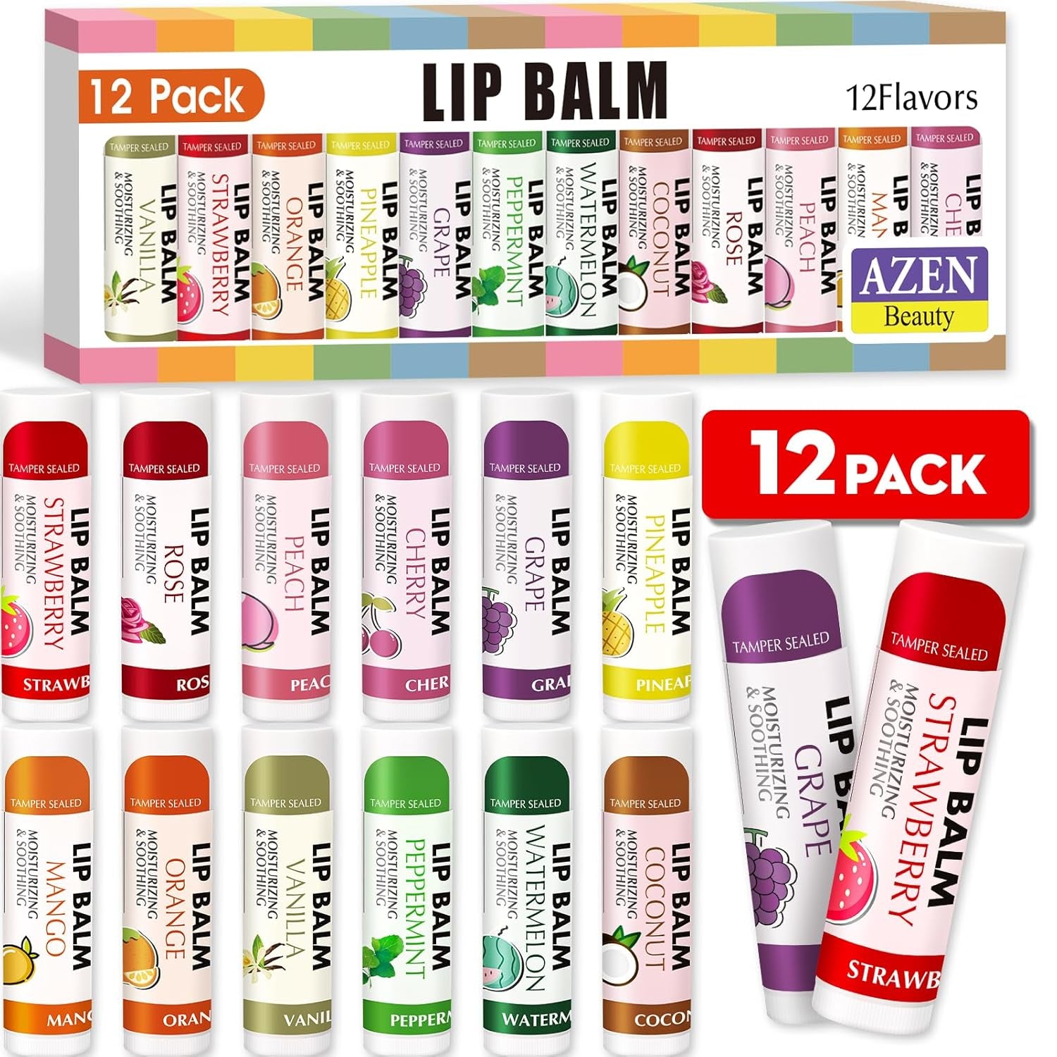 AZEN 30 Pack Lip Balm, Natural Lip Balm Bulk, Lip Care Product, Moisturizing Lip Balm for Dry Cracked Lips - 10 Flavors