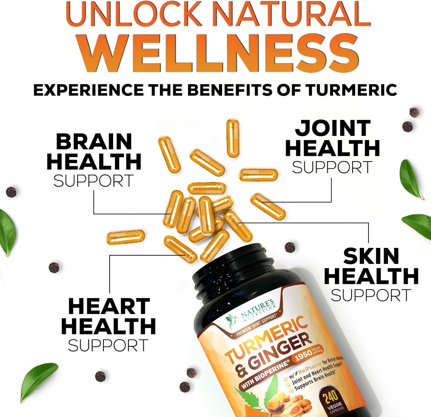 Turmeric Curcumin Supplement 1950Mg with Organic Turmeric & Ginger, 95% Curcuminoids, Bioperine Black Pepper for Best Absorption, Nature'S Vegan Joint Support, Non-Gmo, Bottled in USA - 240 Capsules