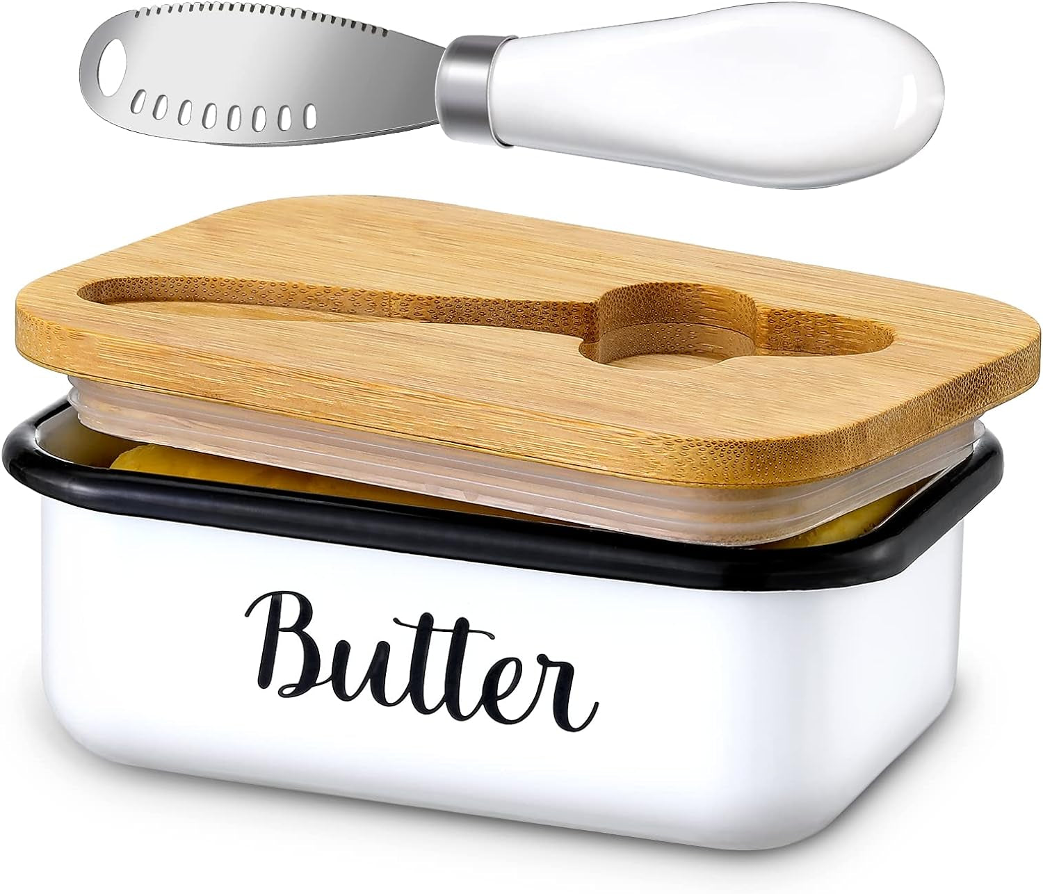 Butter Dish with Lid and Butter Curler Knife for Countertop - Unbreakable Metal Keeper Container with High-Quality Double Silicone Sealing, for Kitchen Farmhouse Decor