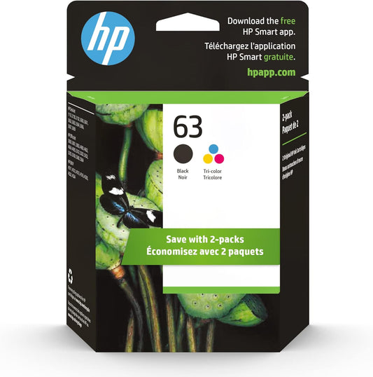 63 Black/Tri-Color Ink Cartridge (2-Pack) | Works with  Deskjet 1112, 2130, 3630 Series;  ENVY 4510, 4520 Series;  Officejet 3830, 4650, 5200 Series | Eligible for Instant Ink | L0R46AN