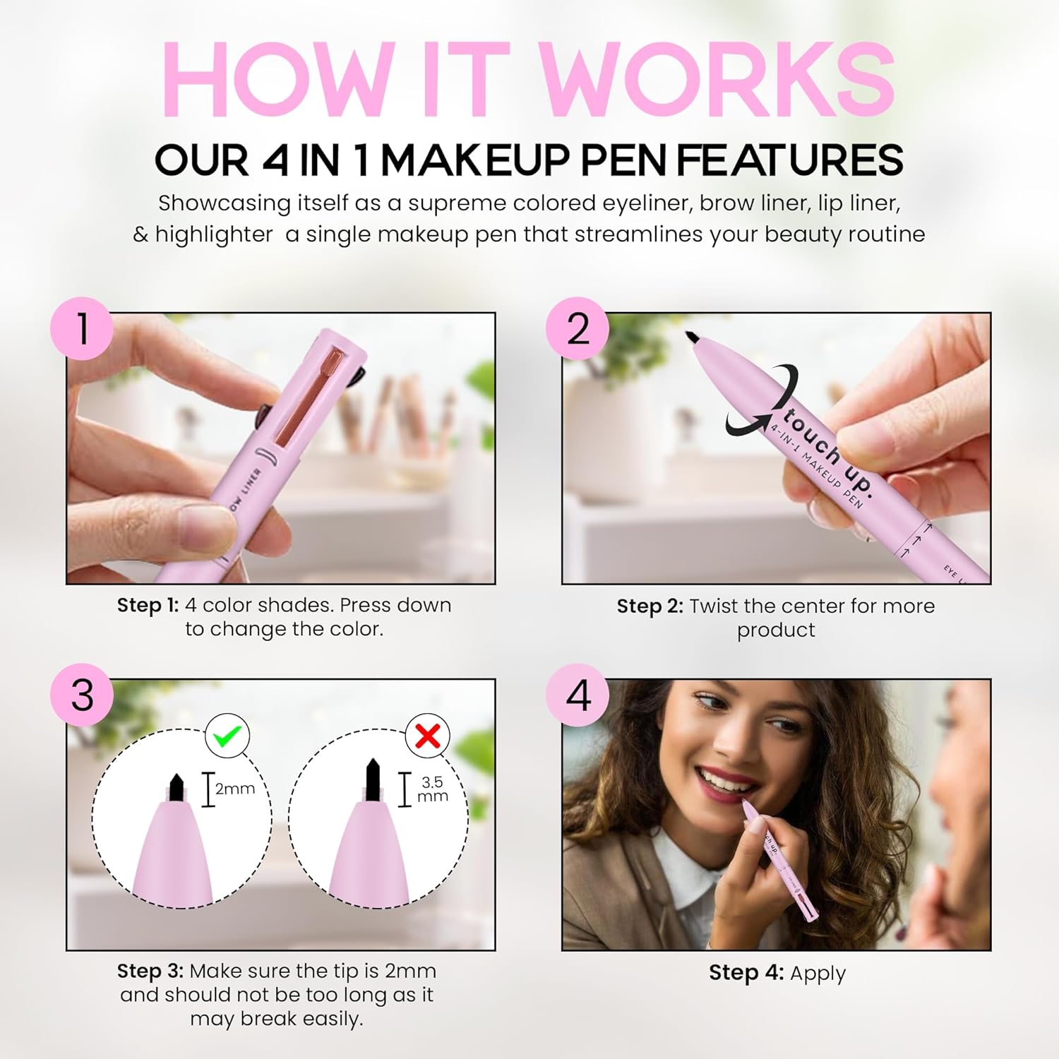 4 in 1 Makeup Pen - Refillable Makeup Pen for Easy Travel - Portable Makeup Set with Colored Eyeliner, Brow & Lip Liner & Highlighter - Cruelty-Free Beauty, Paraben-Free Makeup Pen