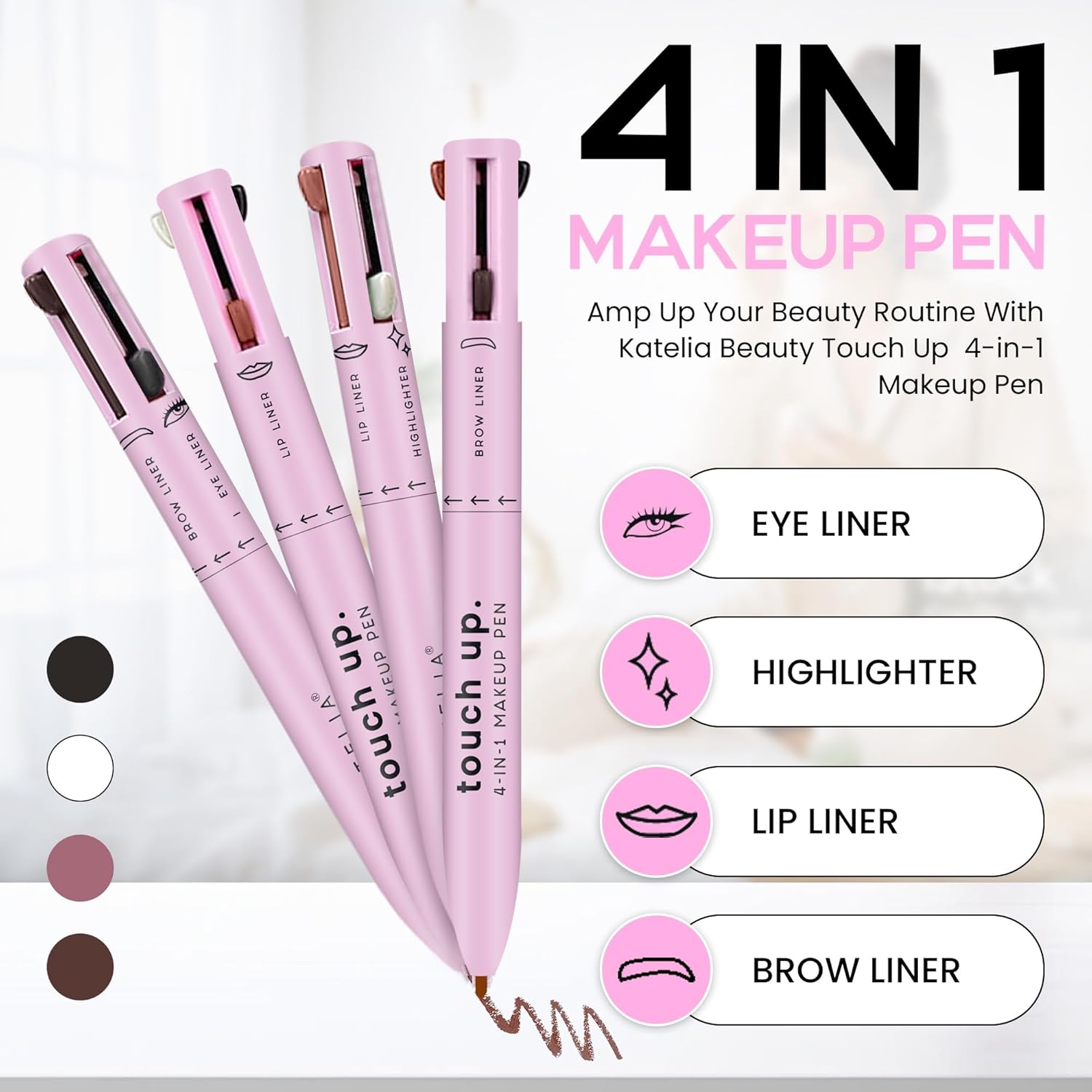 4 in 1 Makeup Pen - Refillable Makeup Pen for Easy Travel - Portable Makeup Set with Colored Eyeliner, Brow & Lip Liner & Highlighter - Cruelty-Free Beauty, Paraben-Free Makeup Pen