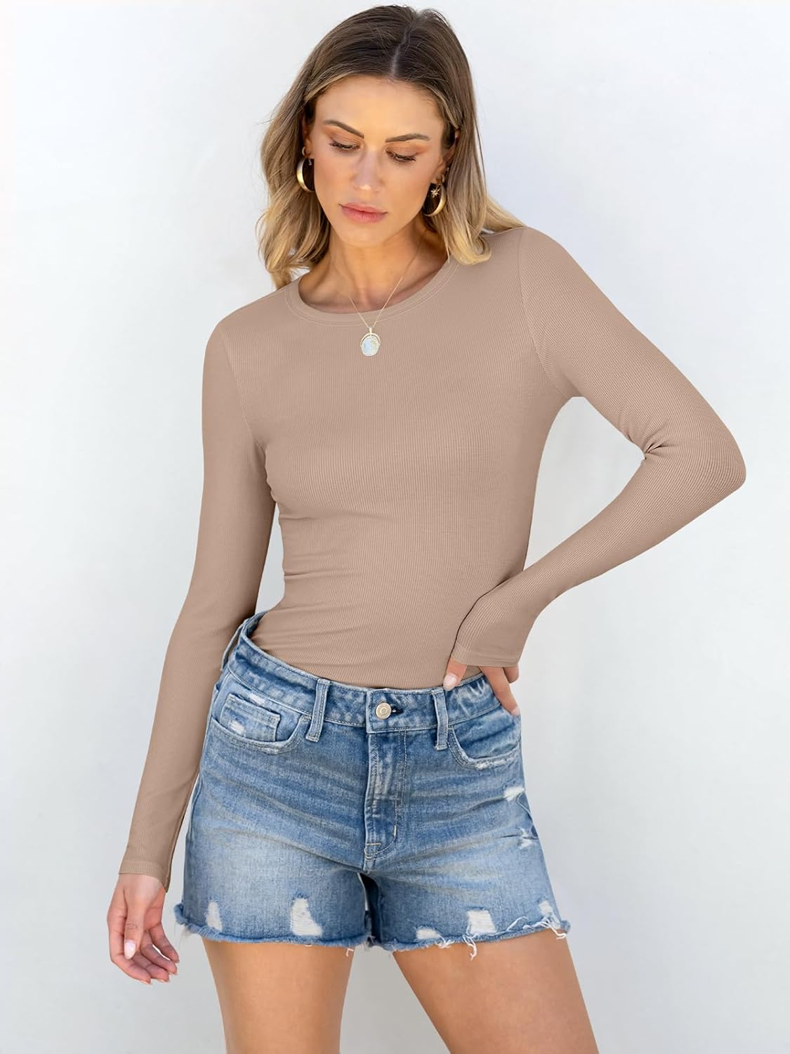 Women Long Sleeve Crewneck Rib Knit Slim Fit Shirts Basic Tee Tops 2024 Casual T-Shirt Going Out Workout Outfits