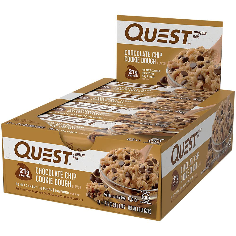 Quest Nutrition Chocolate Chip Dough Cookie Protein Bars, 21G Protein, 1G Sugar, 4G Net Carb, Gluten Free, Keto Friendy, 12 Count