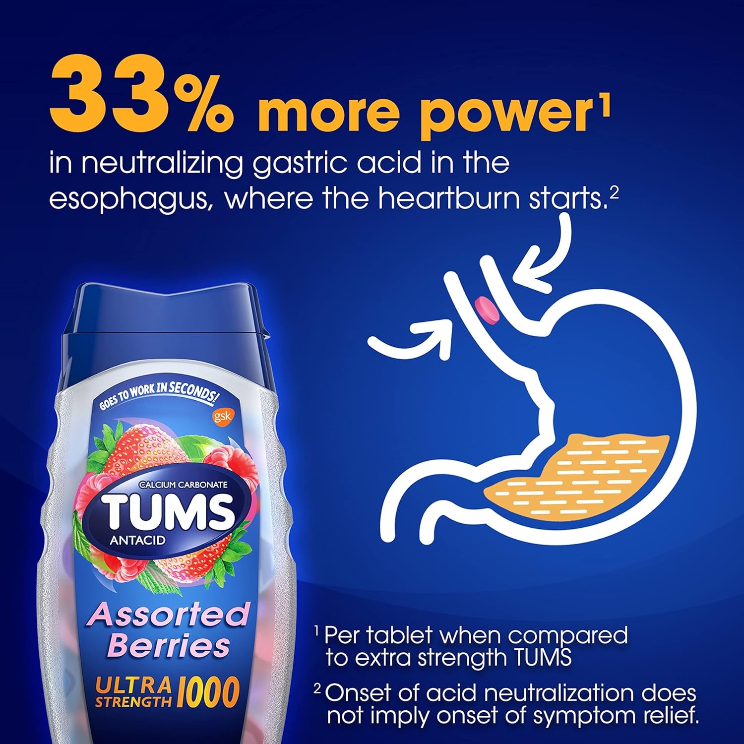 TUMS Ultra Strength Chewable Antacid Tablets for Heartburn Relief and Acid Indigestion Relief, Assorted Berries - 160 Count