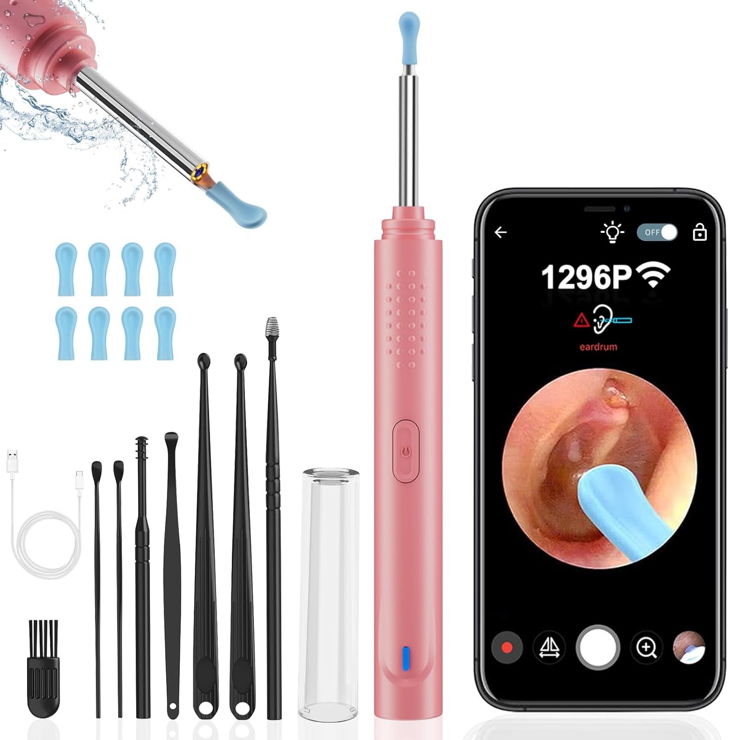 Ear Wax Removal, Ear Cleaner with Camera with 1296P, Earwax Removal Kit with 9 Ear Pick and 8 Traditional Tools, Built-In Wifi IP67 Waterproof, Ear Cleaning Kit for Iphone,Ipad,Android (Black)