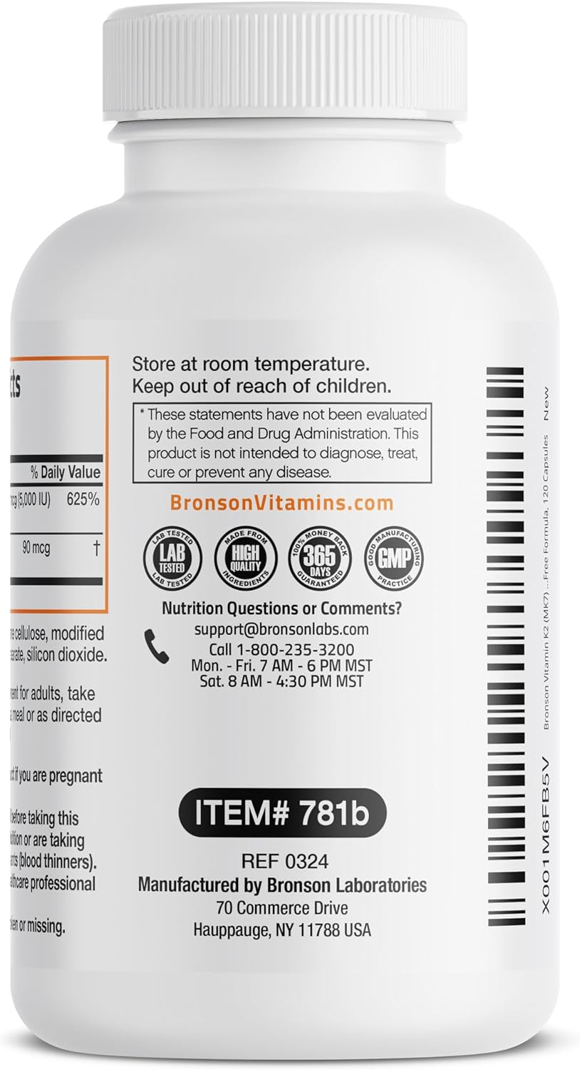 Bronson Vitamin K2 (MK7) with D3 Supplement Non-Gmo Formula 5000 IU Vitamin D3 & 90 Mcg Vitamin K2 MK-7 Easy to Swallow Vitamin D & K Complex, 120 Capsules.