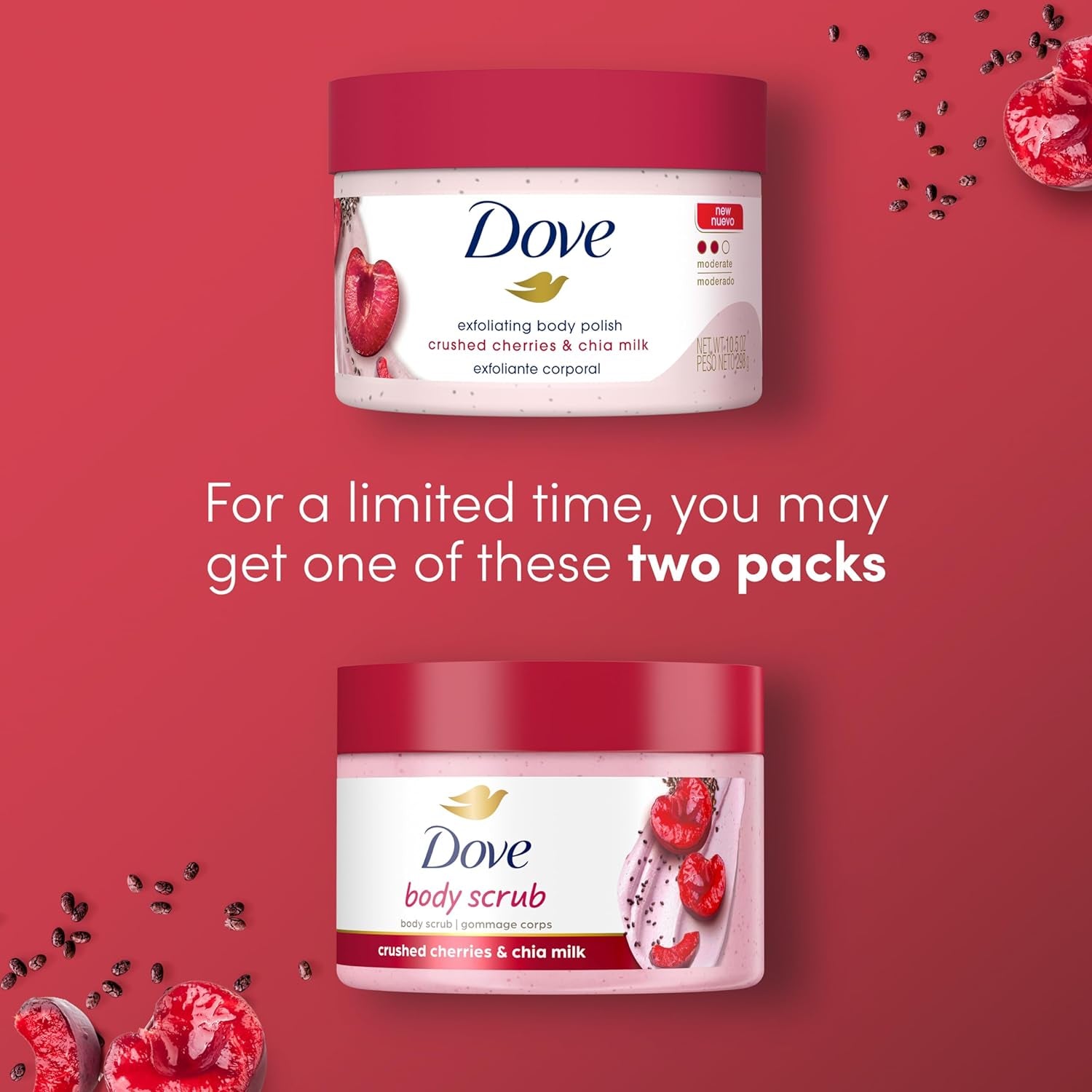 Dove Exfoliating Body Polish Crushed Cherries & Chia Milk Skin Care for Revitalized Skin Formulated with 1/4 Moisturizing Cream 10.5 Oz
