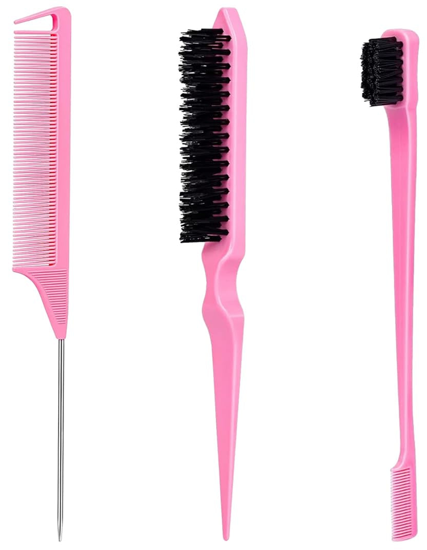 Slick Back Hair Brush Set: Hair Wax, Edge Brush, Rat Tail Comb, Bristle Brush, Hair Bun Accessories, Smoothing Brush for Women & Kids