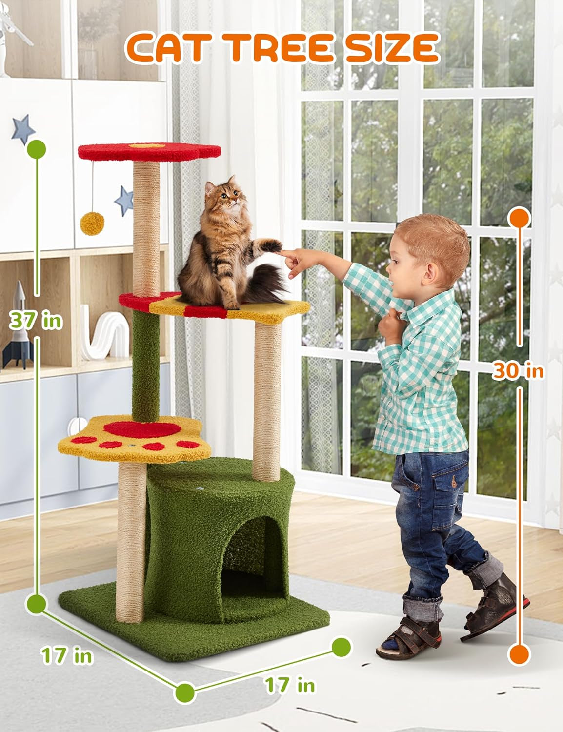 Flower Cat Tree 37In Cute Cat Tree Tower for Indoor Cats with 3 Sisal Covered Scratching Posts, Cozy Tower Condo, Large Padded Top Perch Green Fun Cat Tree Kitty Condo Cat Furniture for Indoor Cats