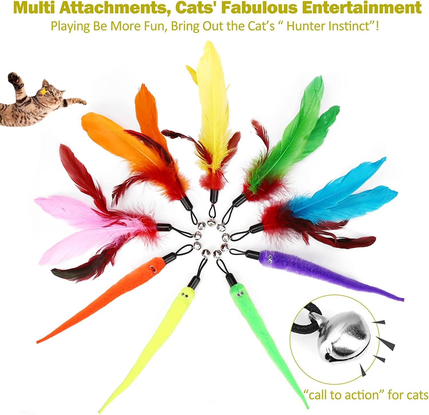 Interactive Cat Toys - Retractable Wand Toy and Feather Toys Refills for Indoor Cats to Chase and Exercise