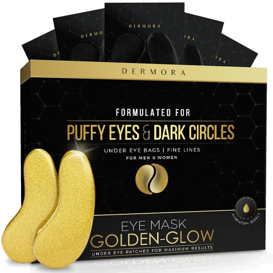 DERMORA Golden Glow under Eye Patches (20 Pairs Eye Gels) - Rejuvenating Treatment for Dark Circles, Puffy Eyes, Refreshing, Revitalizing, Travel, Wrinkles