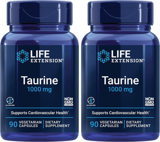 Life Extension Taurine, Pure Taurine Amino Acid Supplement, Heart, Liver and Brain Health, Longevity, Muscle and Exercise, 1000 Mg Dose, Non-Gmo, Gluten-Free - Two Pack - 90 Vegetarian Capsules X 2
