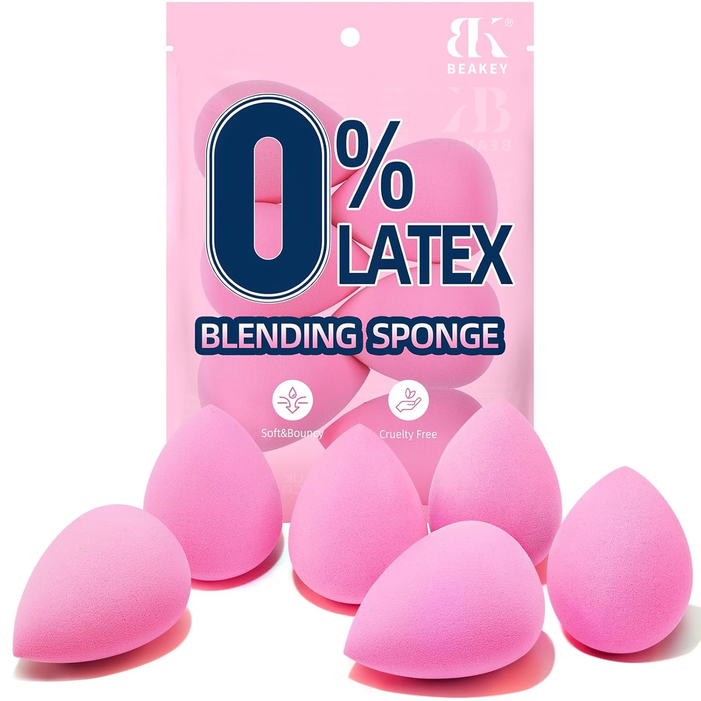 BEAKEY Super Soft Makeup Sponge Set of 6, Makeup Sponges for Foundation, Liquid, Cream and Powder, Pink Beauty Sponge for Blending, 0 Latex Blender, Christmas Stocking Stuffers for Adults