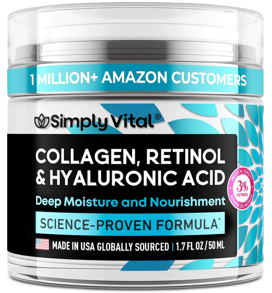 Simplyvital Collagen, Retinol & Hyaluronic Acid Cream - Anti-Aging Face Moisturizer for Face, Neck & Décolleté - Made in USA, Daily Moisturizer Face Cream - 1.7 Fl.Oz.